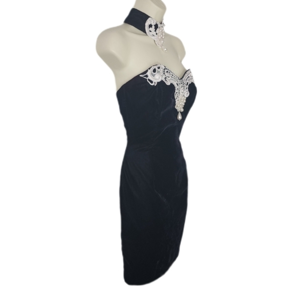 Scott McClintock Dress Vintage Velvet Faux Pearl And Lace Choker Black Size 4 - Picture 6 of 14